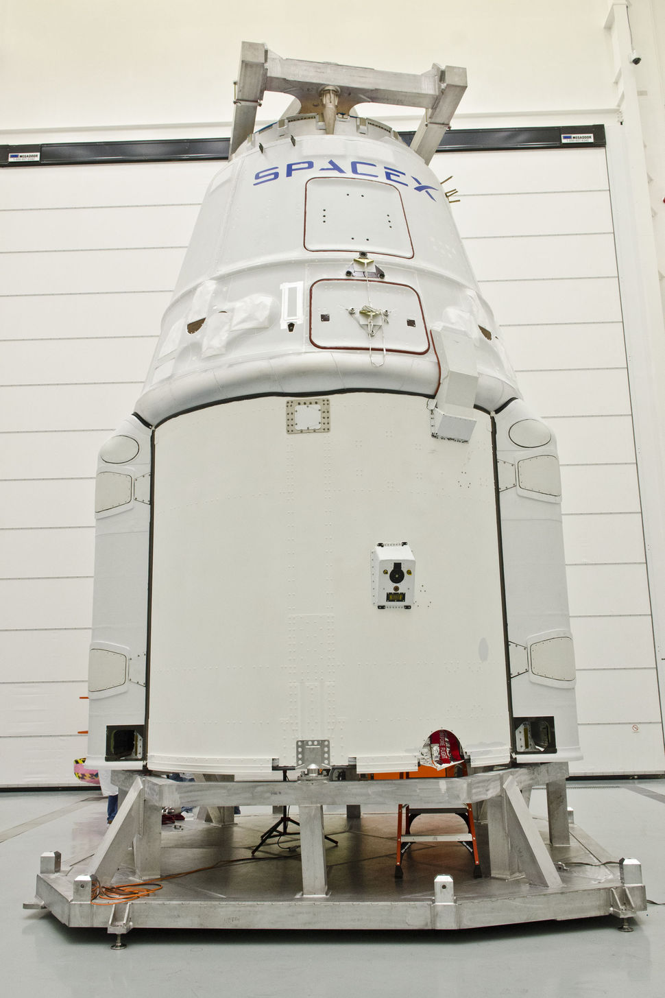 Dragon in SpaceX's hangar, prior to vehicle mate.