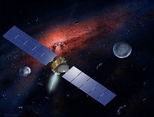 Artist's rendering of Dawn with Vesta (left) and Ceres (right). Distances, scale and the number of asteroids in close proximity are greatly exaggerated.